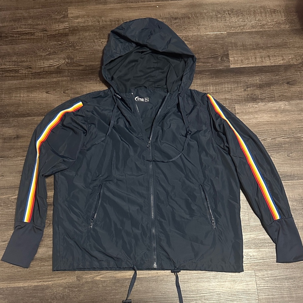 Women’s Navy Blue Hooded Jacket with Rainbow Stripes